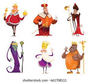 Vector set of cartoon images of funny various kings in different clothes with different attributes of power in hands standing on a white background. Monarchy, kingdom. Vector illustration.