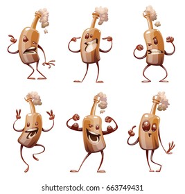 Vector set of cartoon images of funny brown bottles of beer with different actions and emotions on a white background. Alcohol, party, drink. Vector illustration.