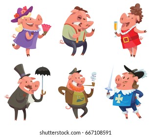 Vector set of cartoon images of funny pink pigs in roles of different characters: blonde, bully, fashionista, gentleman, captain and musketeer on a white background. Animal, farm, positive character.