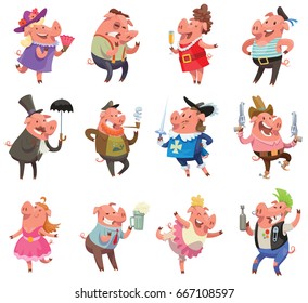 Vector set of cartoon images of funny pink pigs: blonde, bully, fashionista, gentleman, captain, musketeer, teenager, office worker, ballerina, sailor, cowboy and punk on a white background. Animal.