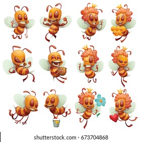 Vector set of cartoon images of funny yellow-brown striped male and female bees with different actions and emotions on a white background. Beehive, insect, honey. Positive character.