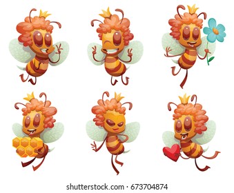 Vector set of cartoon images of funny yellow-brown striped female bees with crowns on heads, with different actions and emotions on a white background. Beehive, insect, honey. Positive character.