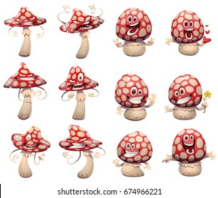 Vector set cartoon images funny evil   little happy amanita  mushrooms and red  white hats   white stipes  and different actions   emotions white background  Forest  poisonous mushroom