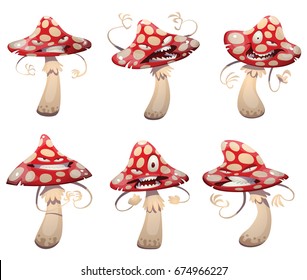 Vector set of cartoon images of funny evil amanita-mushrooms with red-white hats and white stipes, with different actions and emotions on a white background. Forest, poisonous mushroom, nature. 