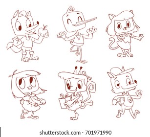 Vector set of cartoon images of funny animals: male fox, male stork, female cat, female chicken, female squirrel and male wolf on a white background. Animal, forest, positive character. Line art.