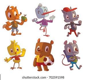 Vector set of cartoon images of funny male animals: chicken, bear, mouse, stork, fox and wolf on a white background. Animal, forest, positive character. Color image. Vector illustration.