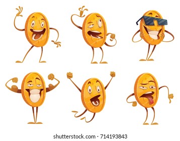 Vector set of cartoon images of funny golden coins with arms and legs, with different actions and emotions on a white background. Money, finance, business, currency, dollar. Vector illustration.