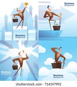Vector set of cartoon images of funny businessmen with black hair in brown suits and red ties with black briefcases, with different actions and emotions on a business backgrounds with blue arrows.