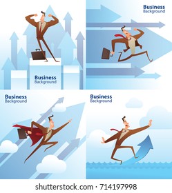 Vector set of cartoon images of funny businessmen with black hair in brown suits and red ties with black briefcases, with different actions and emotions on a business backgrounds with blue arrows.