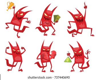 Vector set of cartoon images of funny red devils with horns and tails with different actions and emotions on a white background. Demon, positive character, business, halloween. Vector illustration.