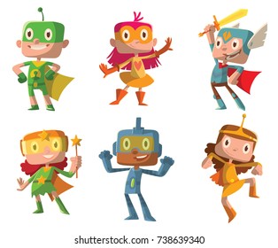 Vector set of cartoon images of funny little boys and girls in various colors superhero costumes with different actions and emotions on a white background. Children, halloween, holiday.
