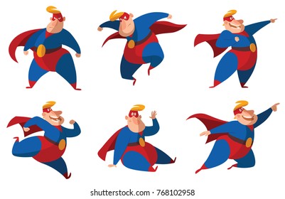 Vector set of cartoon images of funny fat superheroes in red-blue suits, cloaks and red masks, with different actions and emotions on a white background. Superhero, savior, comic, hero. 