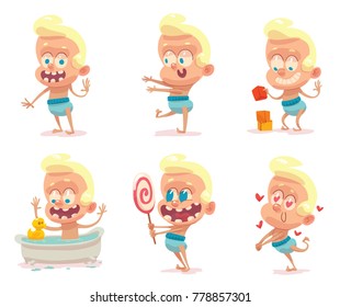 Vector set of cartoon images of funny babies boys with blond hair in blue diapers with different actions and emotions on a white background. Children, childhood, birth. Vector illustration.