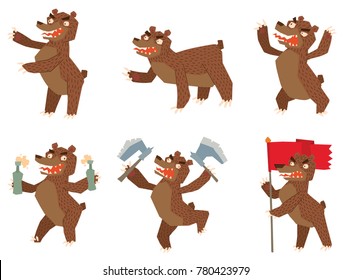 Vector set of cartoon images of funny brown heraldic bears with different actions and emotions on a white background. Coat of arms, heraldry, emblem, symbol. Color image. Vector illustration.