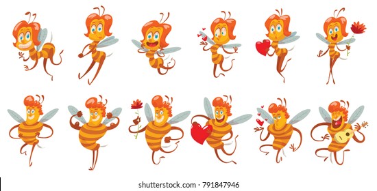 Vector set of cartoon images of funny yellow-brown striped female and male bees with red hair with different actions and emotions on a white background. Beehive, honey, honeycomb. Positive character. 