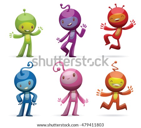 Vector set of cartoon images of funny little creatures of different colors with antennas on their heads, standing and smiling on a white background. Positive character. Vector illustration.