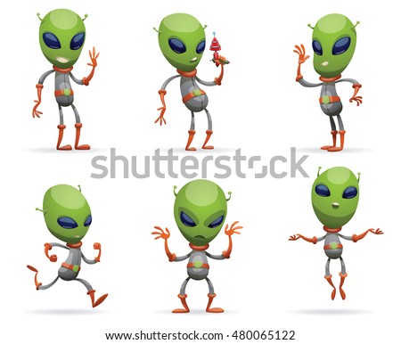 Vector set of cartoon images of funny green aliens with big eyes and small antennas on their heads in gray-orange spacesuits on a white background. Positive character. Vector illustration.