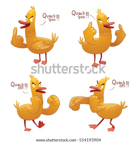 Vector set of cartoon images of funny yellow rude ducks with red beak and paws, standing and saying 