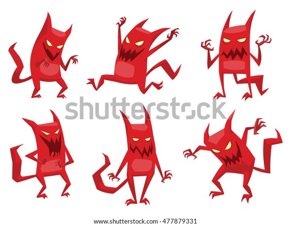 Vector set of cartoon\
images of funny red devils with horns and tails, with various\
emotions and actions on a white background. Vector cartoon\
illustration of devil.