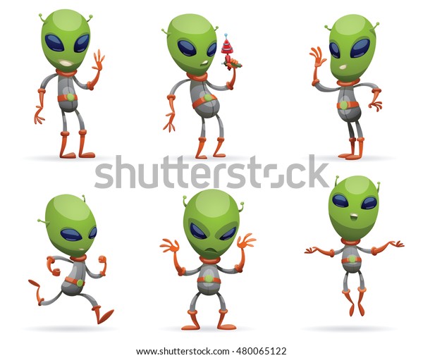 Vector set of cartoon images of funny green\
aliens with big eyes and small antennas on their heads in\
gray-orange spacesuits on a white background. Positive character.\
Vector illustration.
