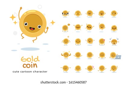 Vector set of cartoon images of golden coin. Vector Illustration