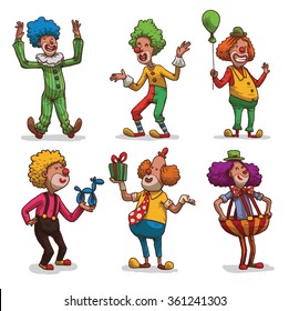 Vector set of cartoon images of happy funny clowns with different hair colors in colorful clothes in different poses on a light background. Children's festival. Vector illustration.