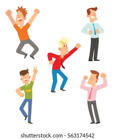 Vector set of cartoon images of happy young men in different clothes smiling on a white background. Happy people. Vector illustration.