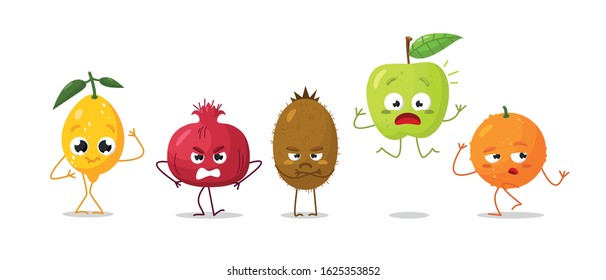 Vector set of cartoon images of intimidated funny fruits lemon, granatum, orange, kiwi on a white background. Emotions, emoji, character.