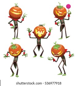 Vector set of cartoon images of Jack O' Lantern with orange pumpkin instead of a head, in a green-black tail coat, with different actions and emotions on a white background. Halloween. 