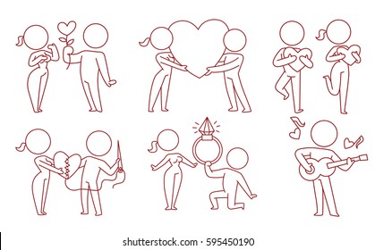 Vector set of cartoon images of loving couples: woman and man in different situations on a white background. Love, relationship, date. Made in monochrome style. Line art. Vector icon.