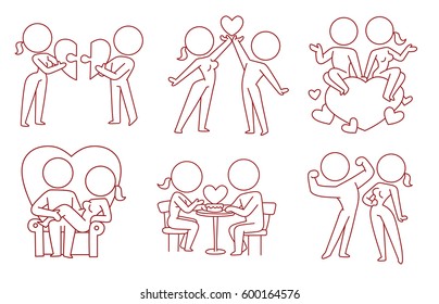 Vector set of cartoon images of loving couples: woman and man with different actions on a white background. Love, relationship, date. Made in monochrome style. Line art. Vector icon.