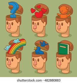 Vector set of cartoon images of men's heads with open braincases from which appears: a question mark, red hearts symbols, a rainbow, a green book, two blue birds and a little cat on a green background