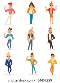 Vector set of cartoon images of modern prince with big eyes, with a different hair color, in different clothes and in different poses on a white background. Fashion. Vector illustration.