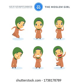 Vector set of cartoon images of Moslem Girl. Third Set. Isolated Vector Illustration