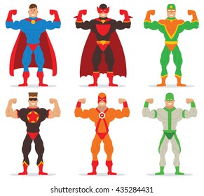 Vector set of cartoon images of muscular men superheroes in different superheroes costumes standing in a poses bodybuilder and smiling on a white background. Vector illustration.