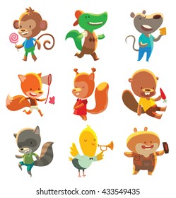 Vector set of cartoon images of nine little cute animals: monkey, crocodile, mouse, fox, squirrel, beaver, raccoon, bird and hamster on a white background. Positive characters. Vector illustration.