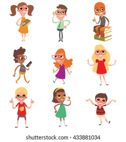 Vector set of cartoon images of nine cute little boys and girls in glasses with different hair colors and skin in different clothes and in different poses on a white background. Vector illustration.