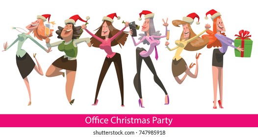 Vector set of cartoon images of six office dancing women in a red Santa's hats with champagne in hands on a white background. Corporate party, Christmas, New Year. Banner "Office Christmas party". 