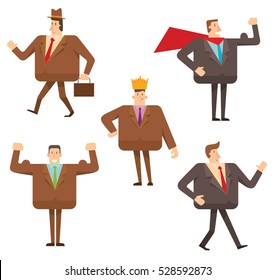 Vector set of cartoon images of square businessmen in brown and black suits, with different actions and emotions on a white background. Geometric businessman. Vector business  illustration.