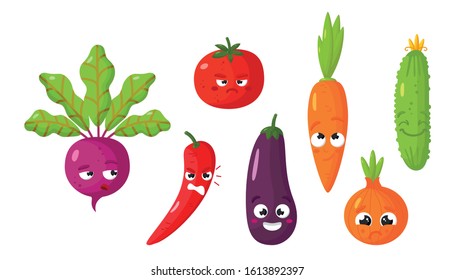 Vector set of cartoon images of various funny isolated vegetables beetroot, tomato, carrot, cucumber, hot pepper, eggplant, onion on a white background. Emoticons, emojis, character.