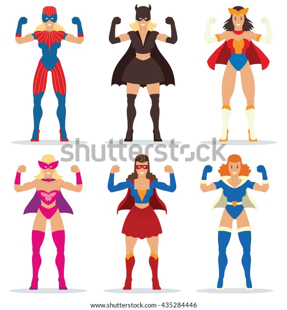 ポーズボディビルダーに立ち 白い背景に微笑む さまざまなスーパーヒーローの衣装を着た女性スーパーヒーローの漫画の画像セット ベクターイラスト のベクター画像素材 ロイヤリティフリー
