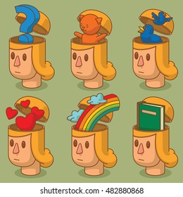 Vector set of cartoon images of women's heads with open braincases from which appears: a question mark, red hearts symbols, a rainbow, a green book, two blue birds and a little cat on green background