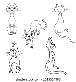 Vector set of cartoon imagesof a cats in different poses. The drawing is made by hand, not painted. The contours of the cat, which  sits in front, back, sideways. Pet. Vector illustration. Positive 