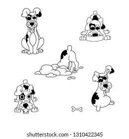Vector set of cartoon imagesof a dog  in different poses. Drawing is made by hand, not painted. The contours of the dog, which eats, naughty, plays, sits. Pet. Vector illustration. Positive character.