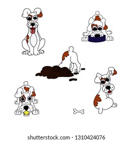 Vector set of cartoon imagesof a dog  in different poses. Drawing is made by hand, painted. The dog, which eats, naughty, plays, sits. Pet. Vector illustration. Positive character.