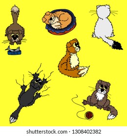 Vector set of cartoon imagesof multicolored fold cats in different poses. The drawing in the style of hand drawn. The pets eats, sleeps, shkodnichaet, sits back and sideways. Positive character. Vecto