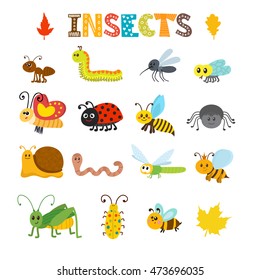 Vector set of cartoon insects. Colorful bugs collection. Vector illustration