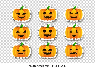 Vector set of cartoon isolated Pumpkin stickers for template decoration and covering on the transparent background. Concept of Happy Halloween.