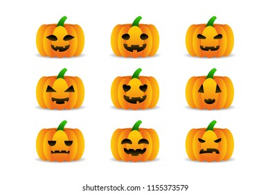 Vector set of cartoon isolated pumpkins for decoration and covering on the white background. Concept of Happy Halloween.