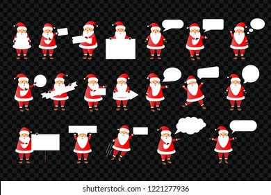 Vector set of cartoon isolated Santa Claus character with white blank paper templates and speech bubbles for decoration and covering on the transparent background. Concept of Merry Christmas and Happy